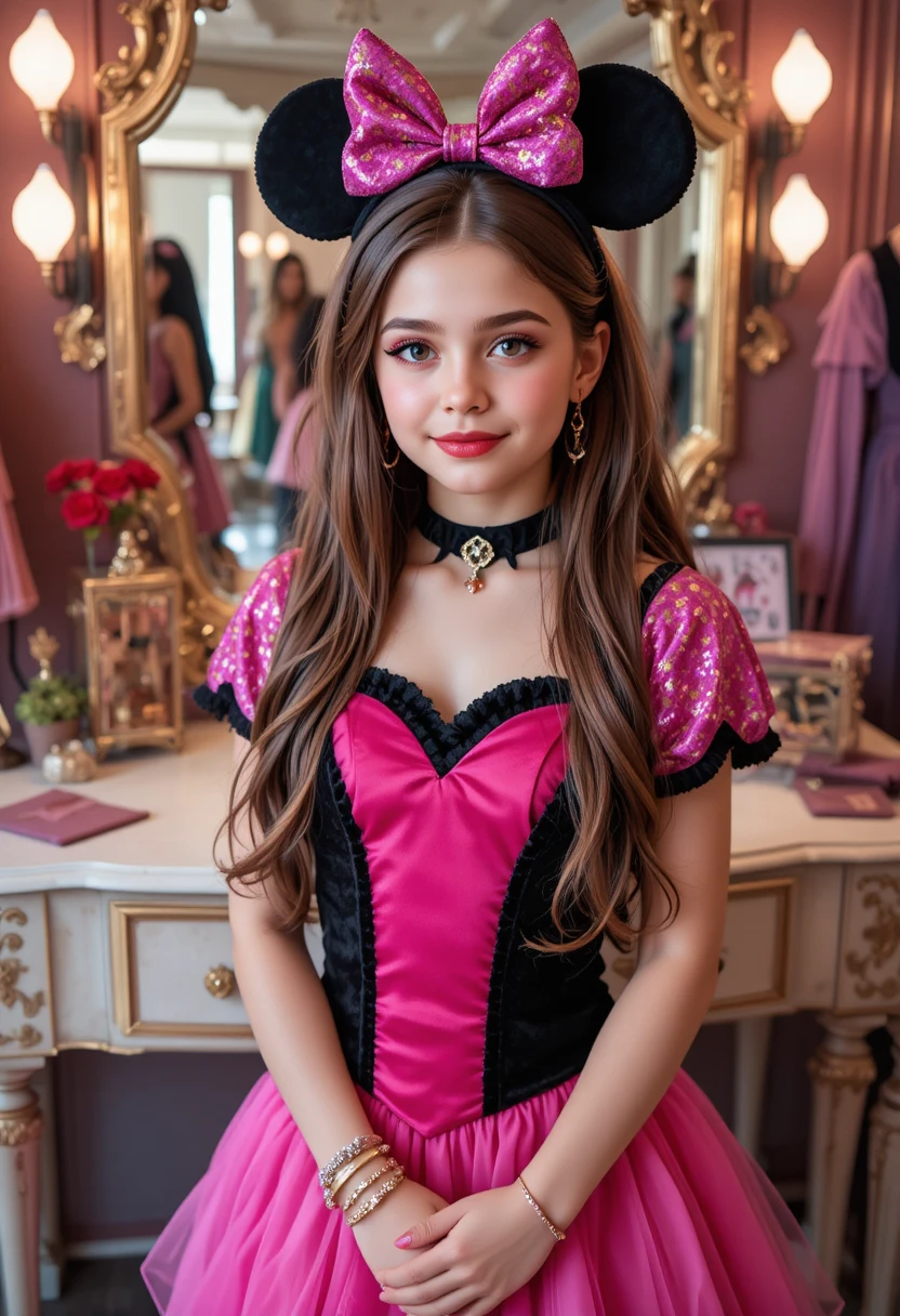 Chico preadolescente con atuendo de Minnie Mouse en tocador de boutique