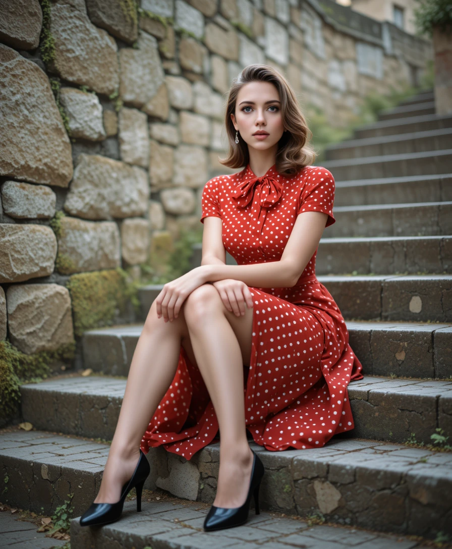 Elegante donna in abito rosso su gradini di pietra ricoperti di muschio