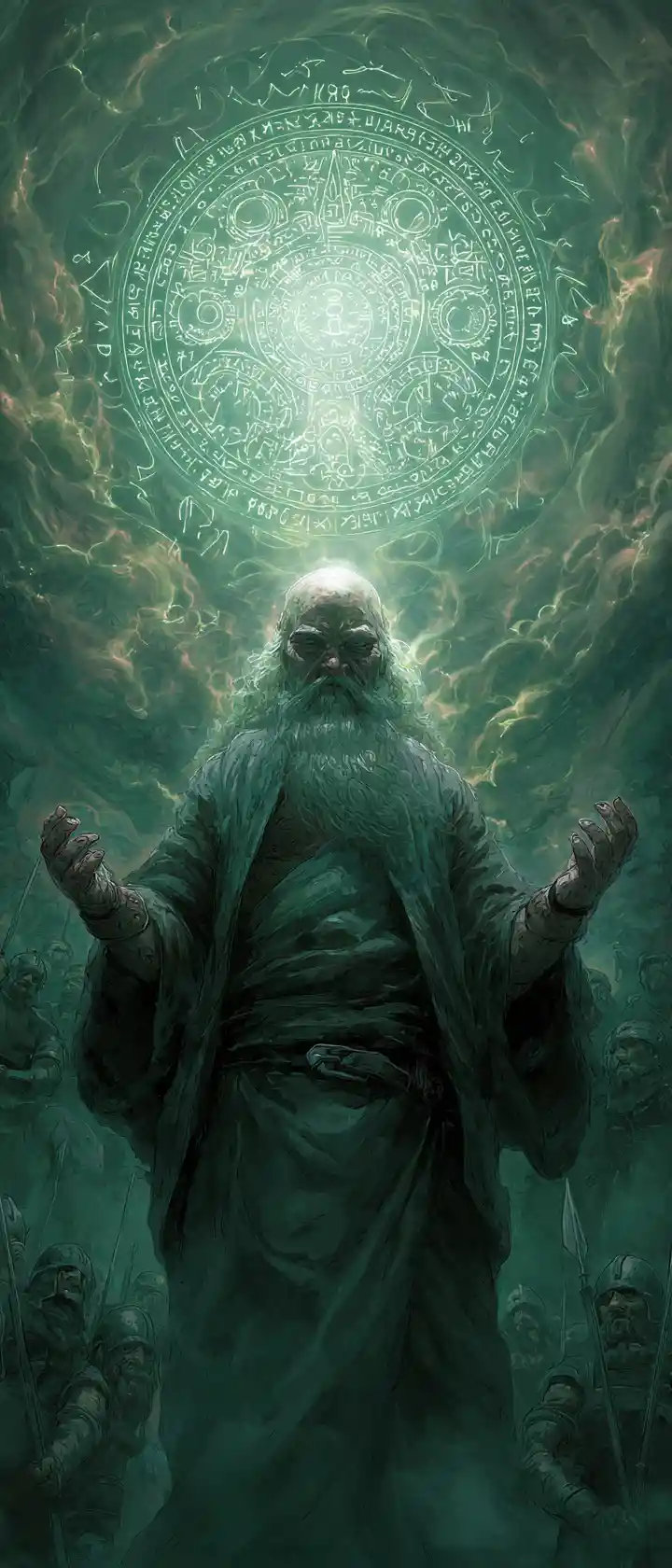 Ancient wizard channeling magic within a looming stone circle