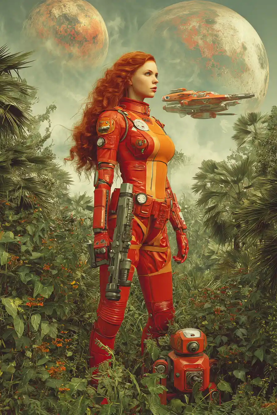 Red haired space woman exploring an alien jungle