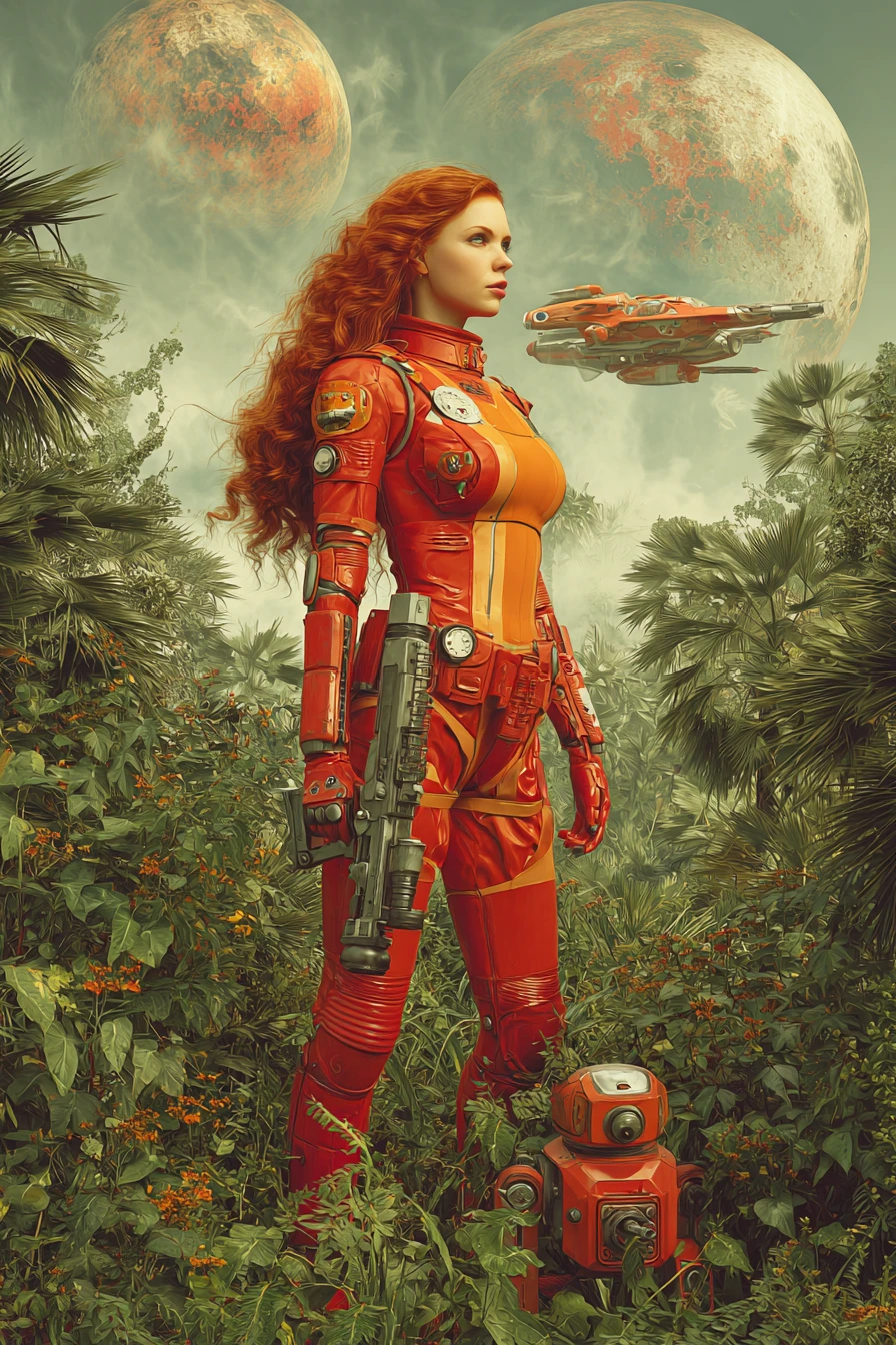 Red haired space woman exploring an alien jungle