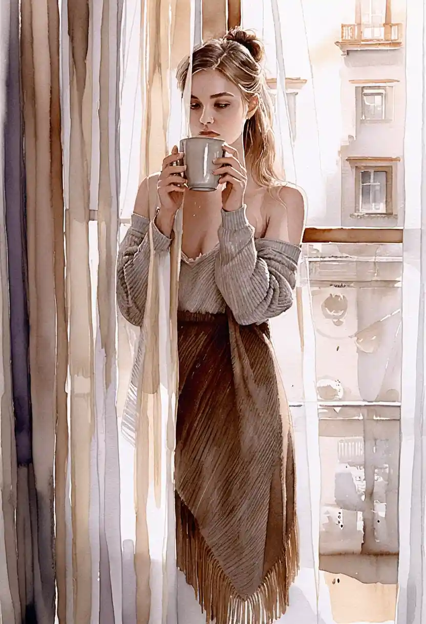 Woman By Window In Cozy Watercolor Morning Scene