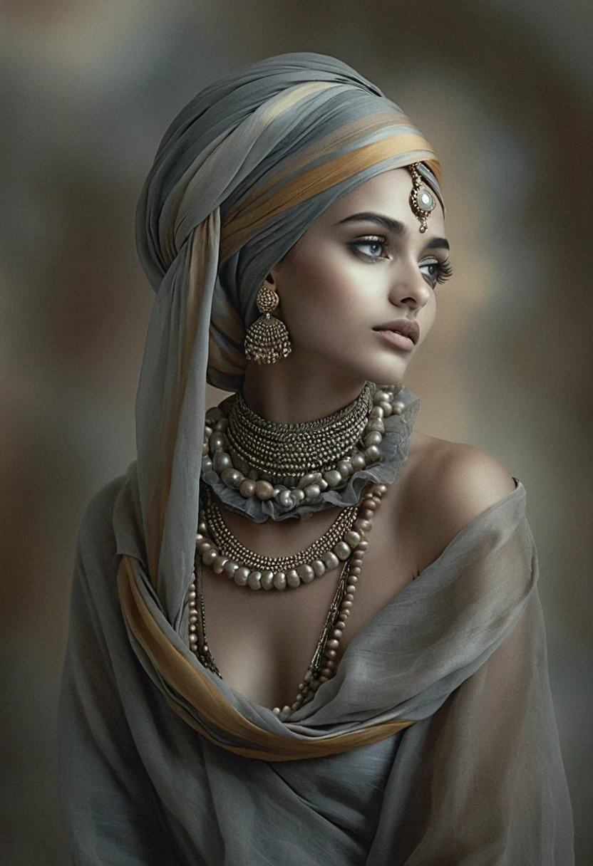 Elegant woman in turban oil portrait with serene gaze