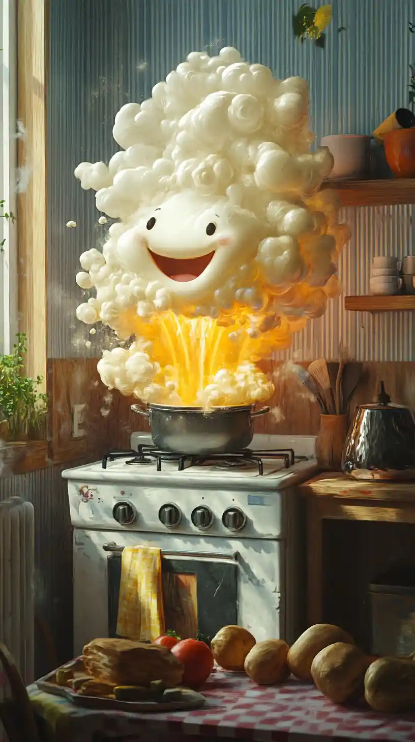 Playful cartoon ghost rising from a busy kitchen stove