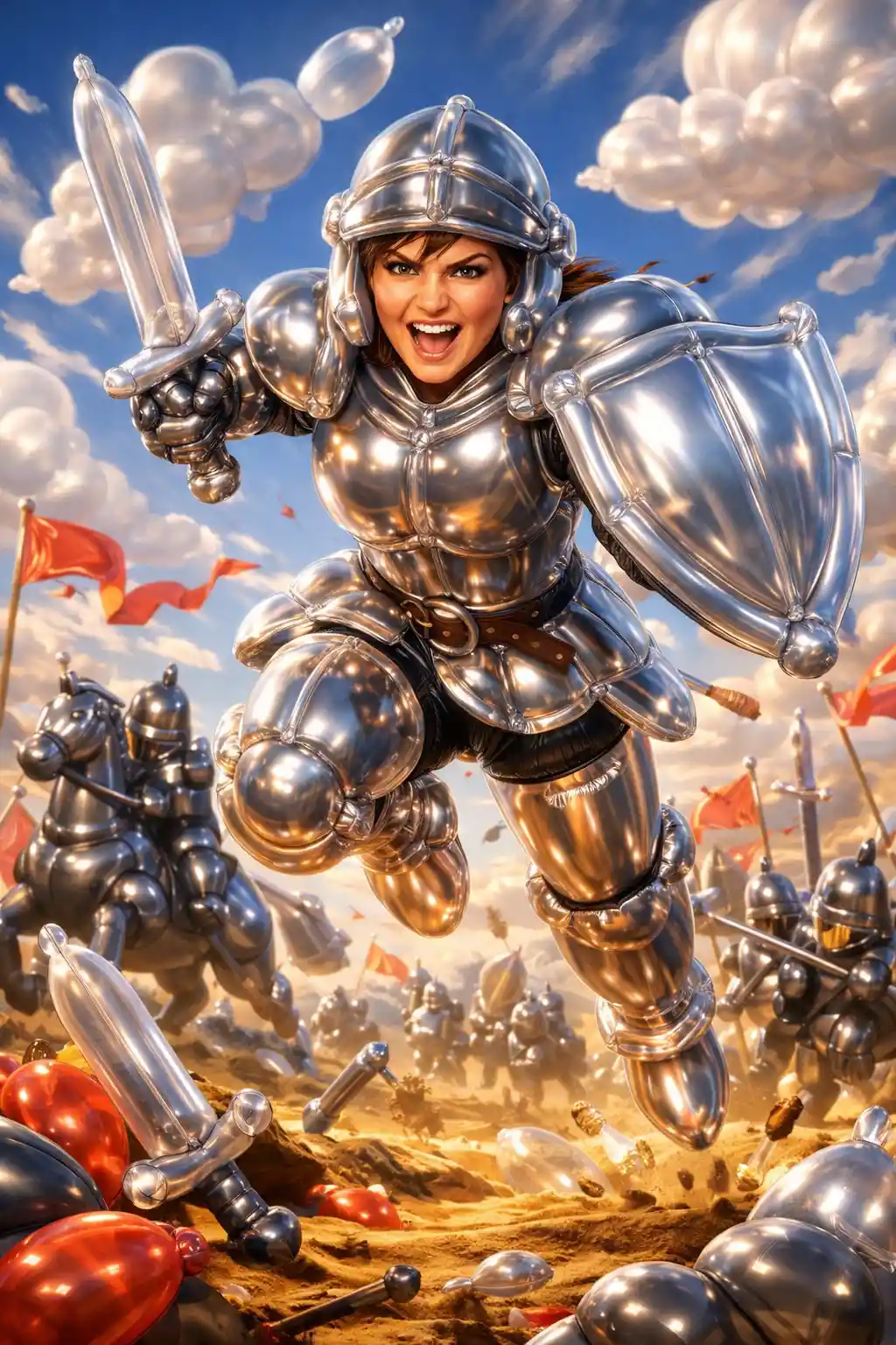 Cavaliere con armatura di palloncini che balza su un campo di battaglia fantasy