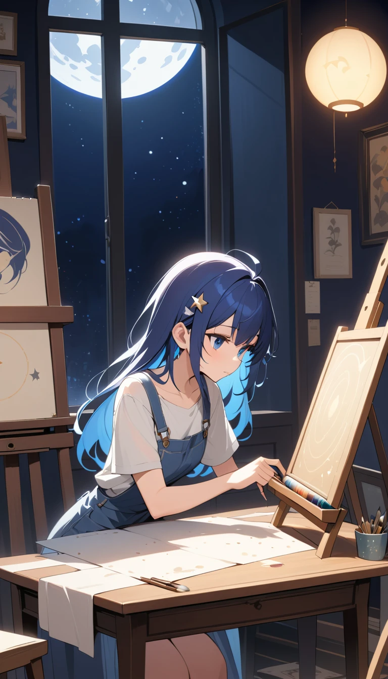 Anime girl painting in a moonlit attic art studio