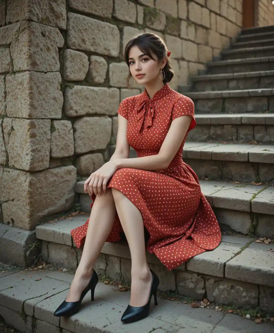 Donna elegante sui gradini di pietra con abito rosso vintage