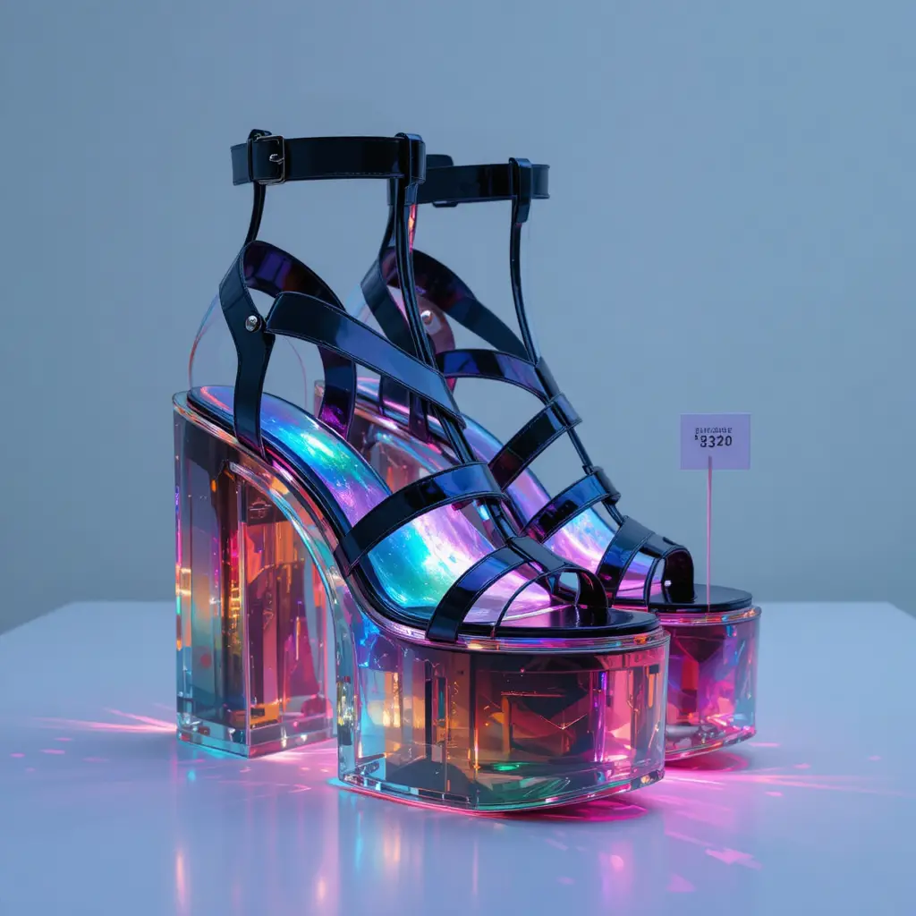 Transparent platform heels with luminous aerogel glass sole