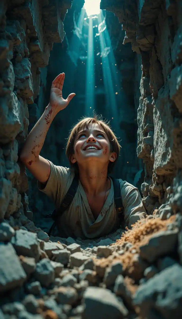 Boy smiling with hope under rubble in dim light
