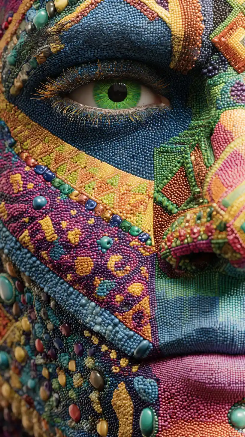 Mosaic covered human face with vivid green eye close up