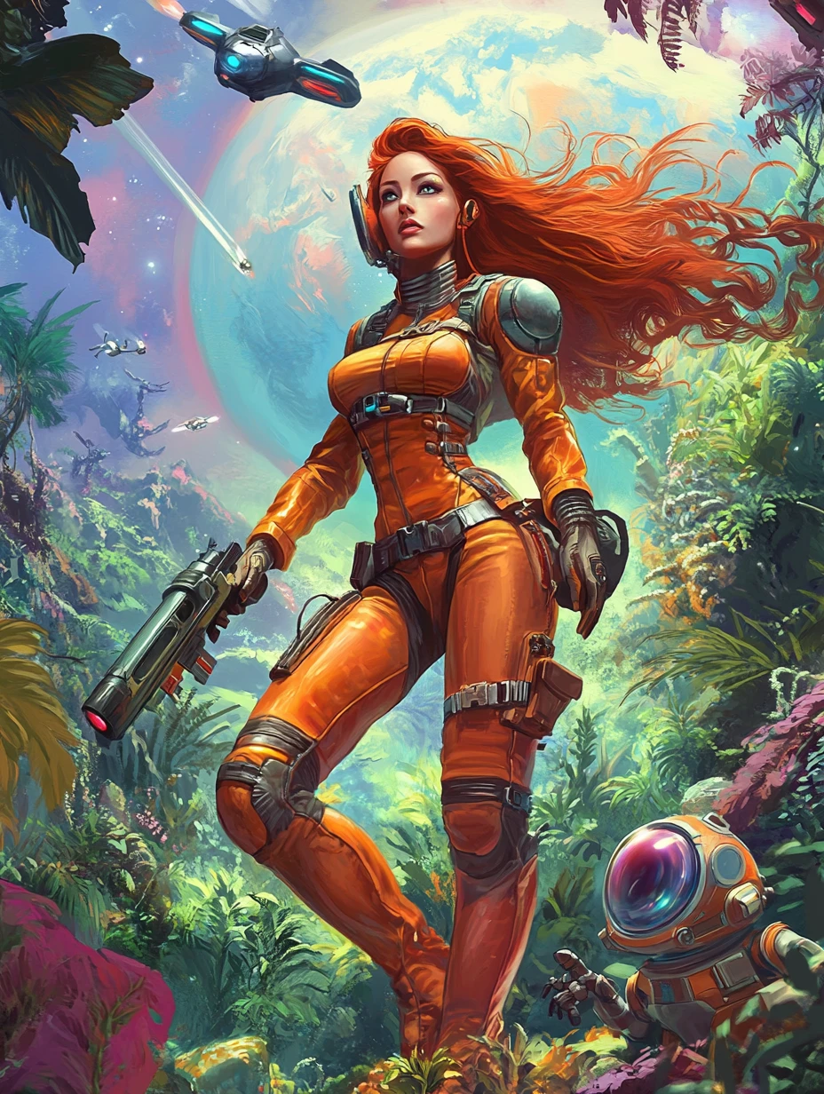叢林星球上的復古太空女戰士與光線槍