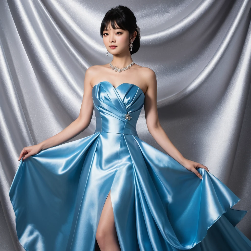 Mujer elegante con vestido de satén azul en estudio