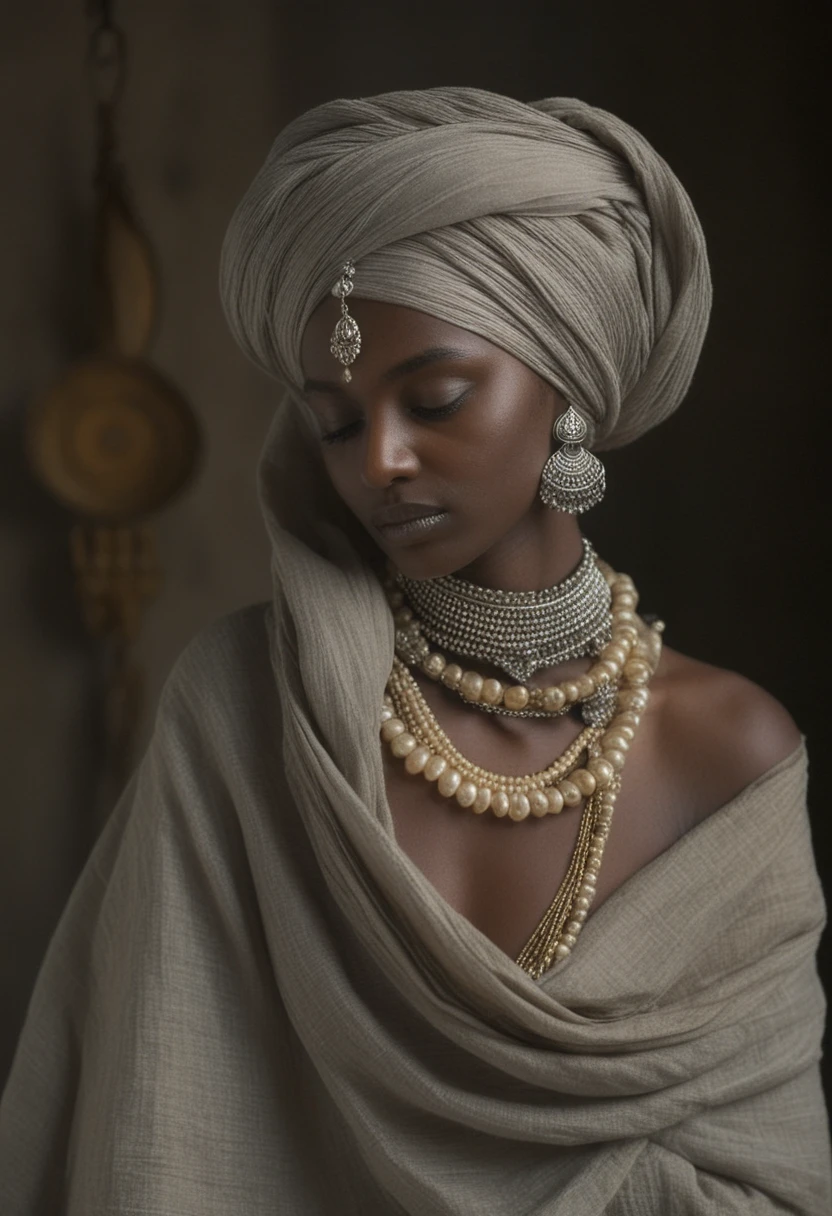 Elegante Frau im Turban als Ölporträt mit gelassenem Blick
