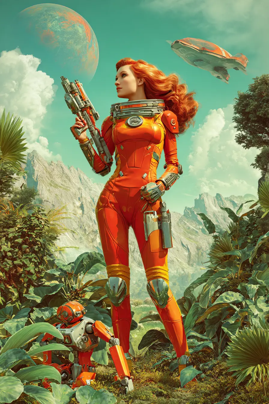 Futuristic red haired space woman in a jungle world