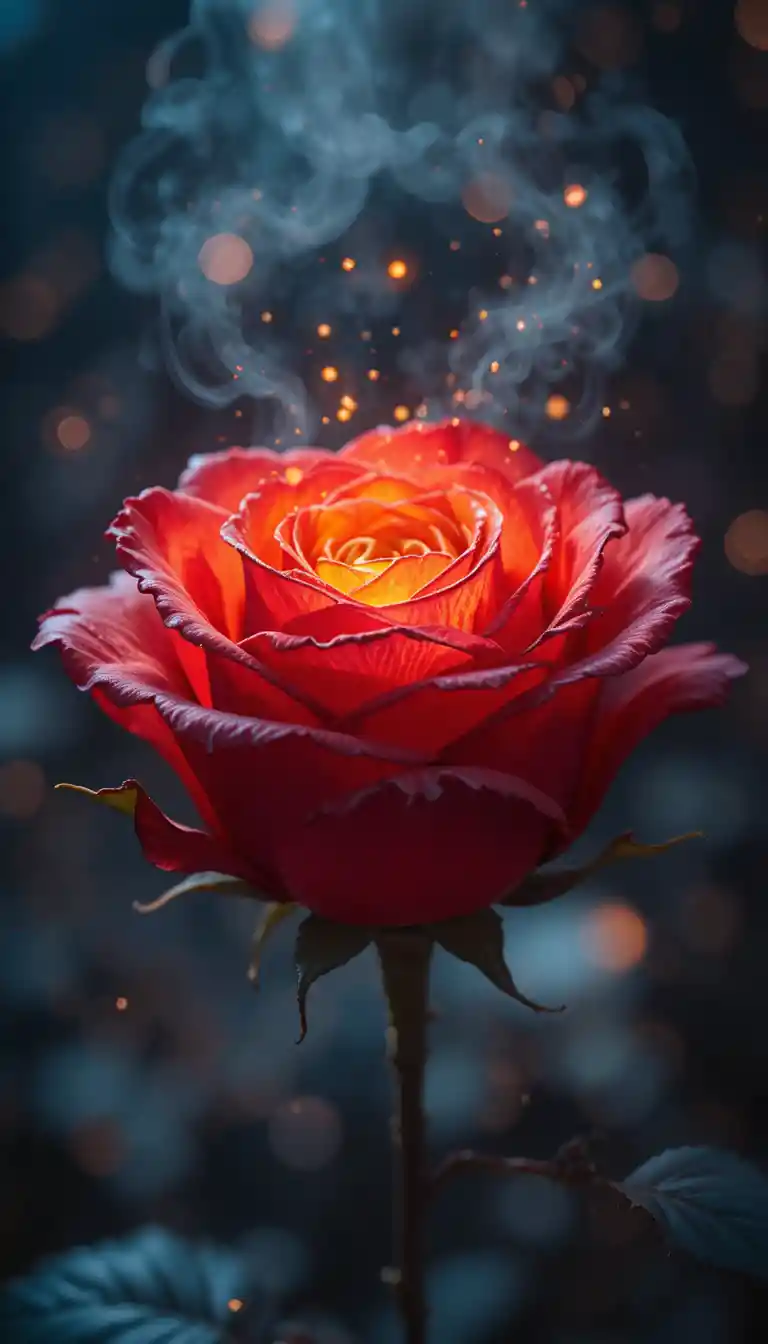 Leuchtende rote Rose in traumhafter Fantasie aus nächster Nähe