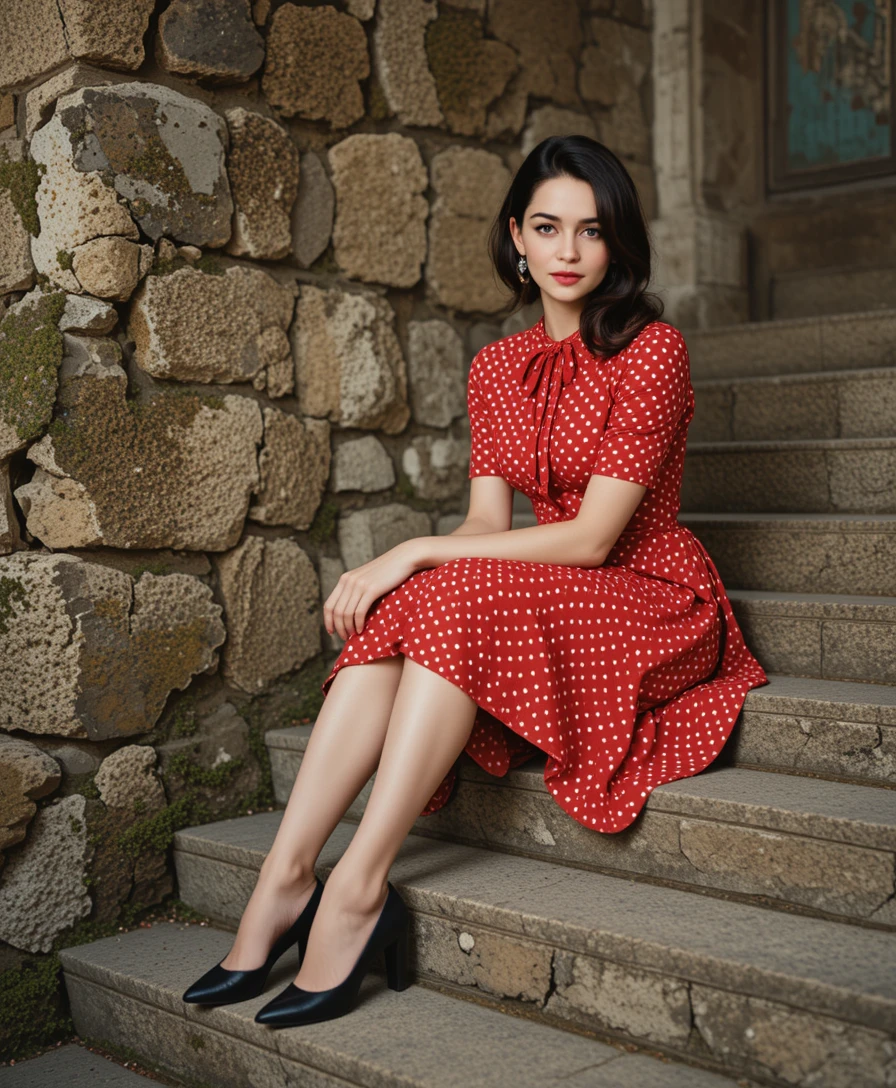 Elegante donna in abito rosso su gradini di pietra muschiosi