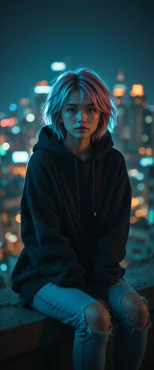 Young woman on city rooftop at night portrait