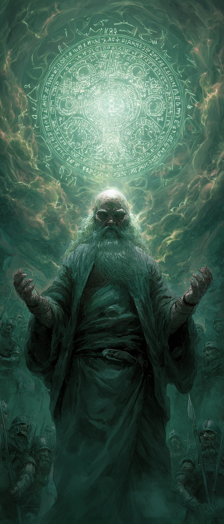 Ancient wizard channeling magic within a looming stone circle