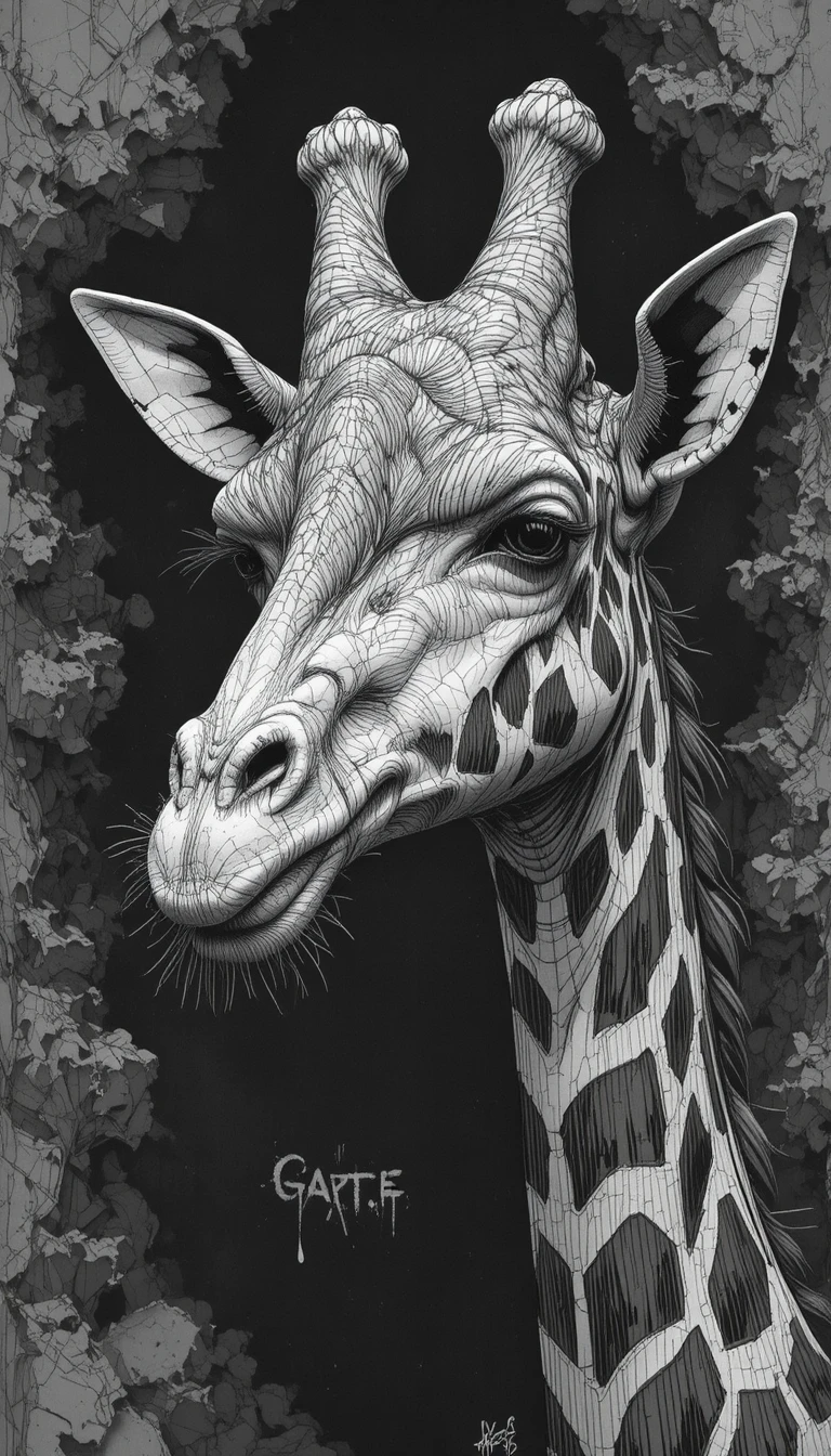 Disegno digitale in bianco e nero di una testa di giraffa dettagliata