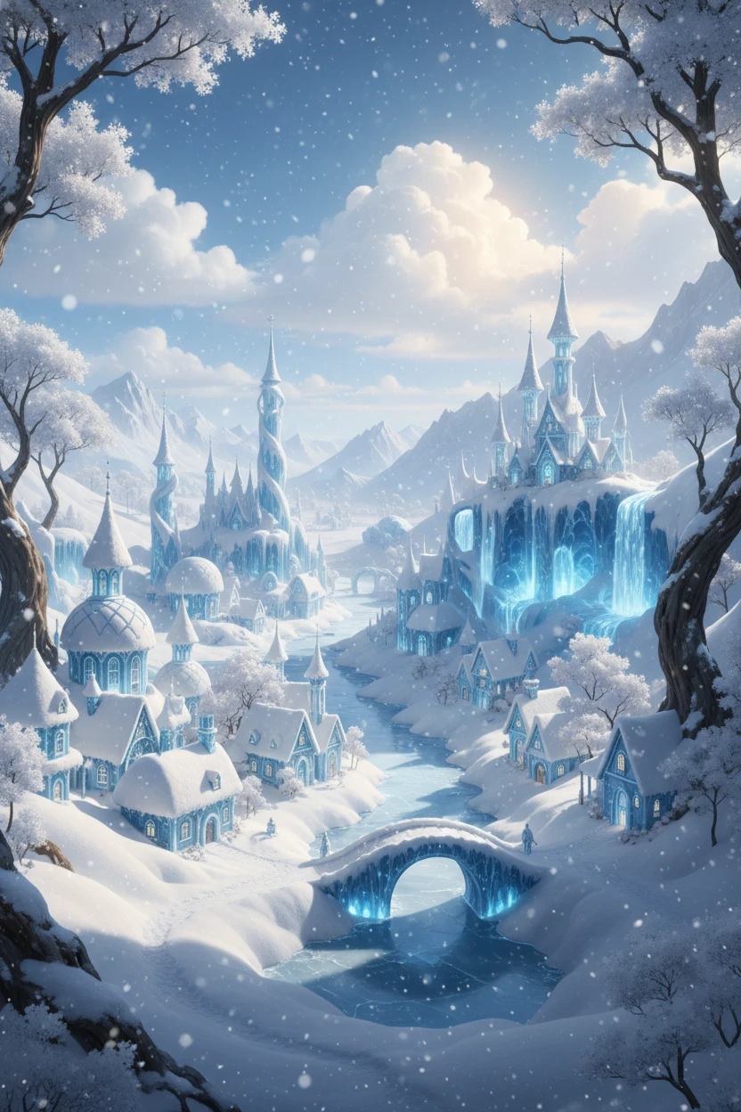 Aldea de nieve fantástica bajo un cielo azul nublado