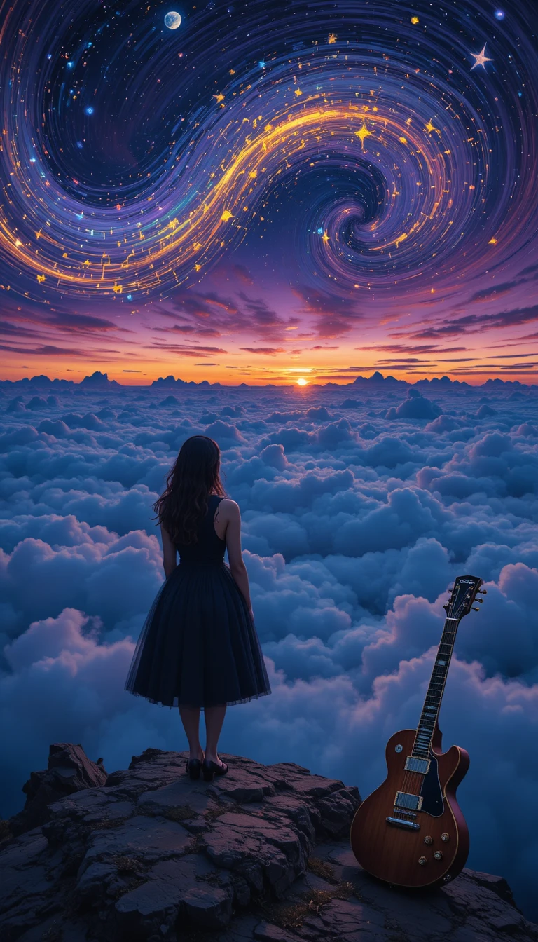Woman silhouette on a cliff above clouds at twilight