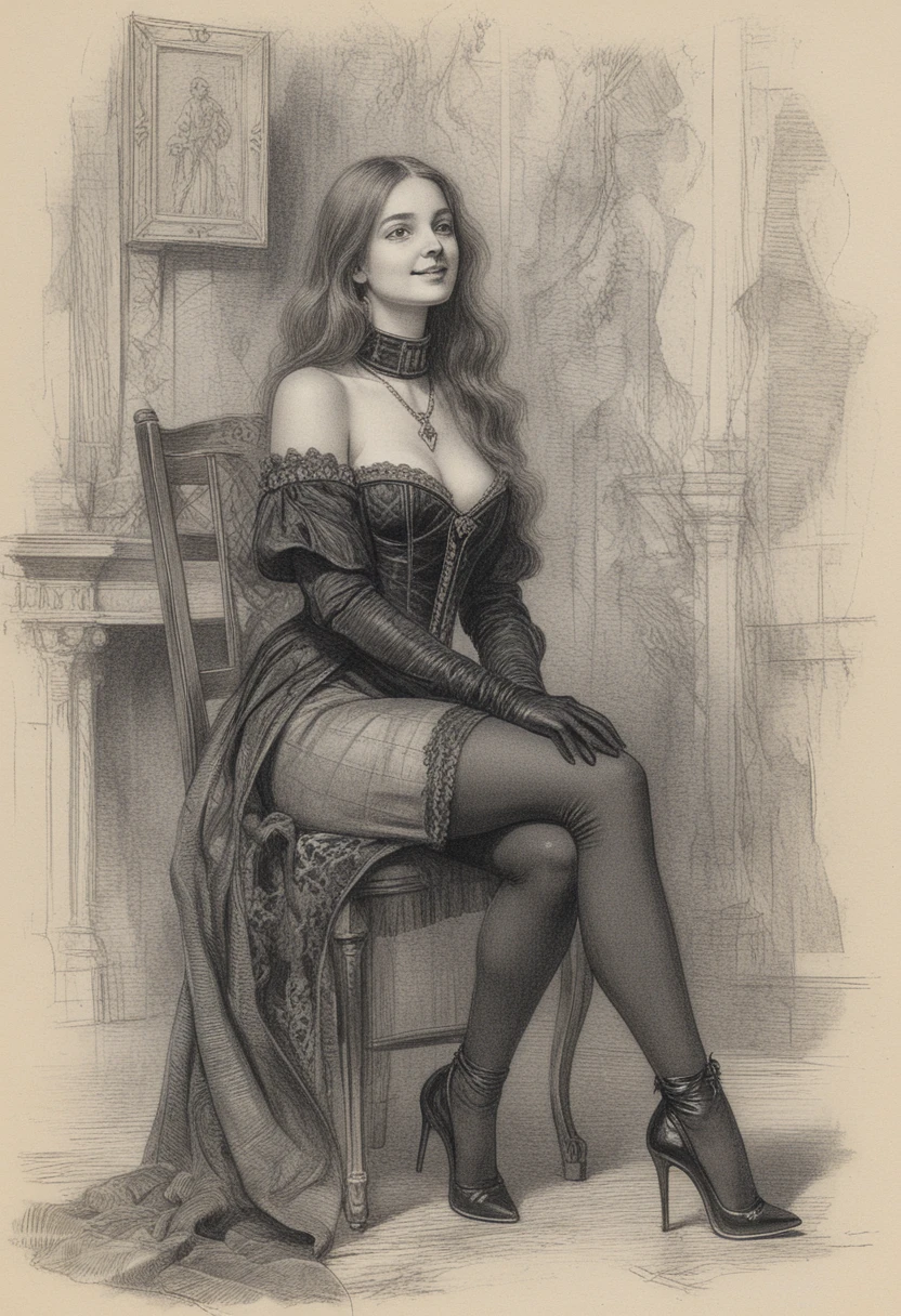 Elegant woman in corset seated in decayed interior