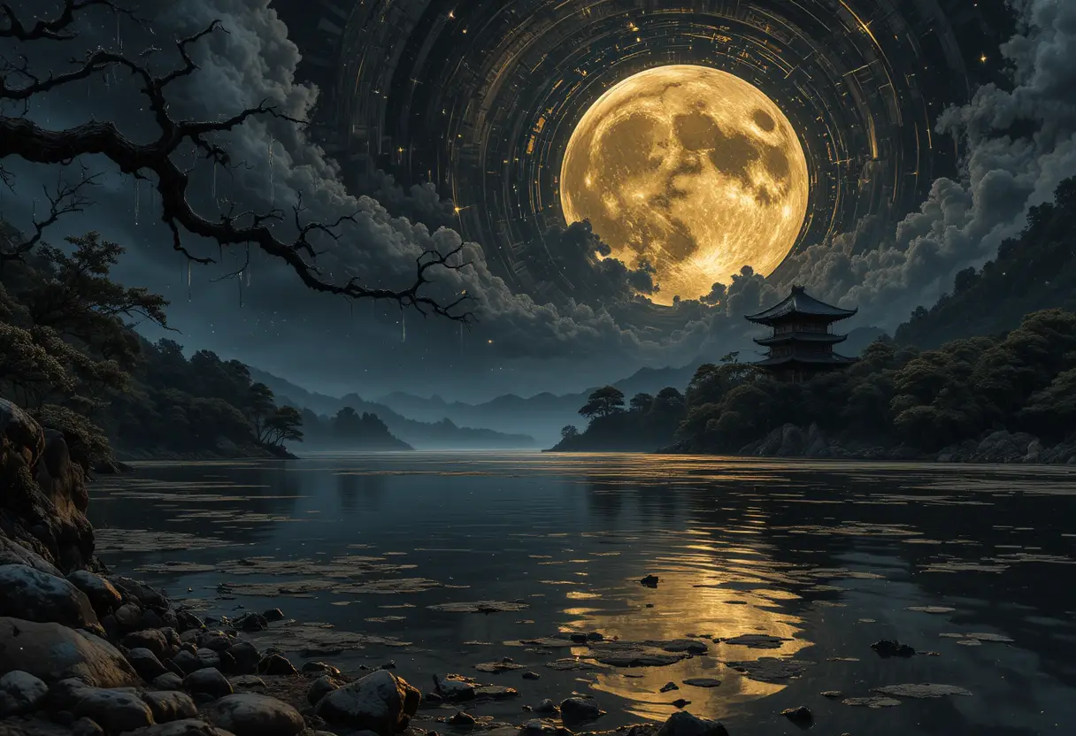 Massive full moon glowing over a dark Japanese lake