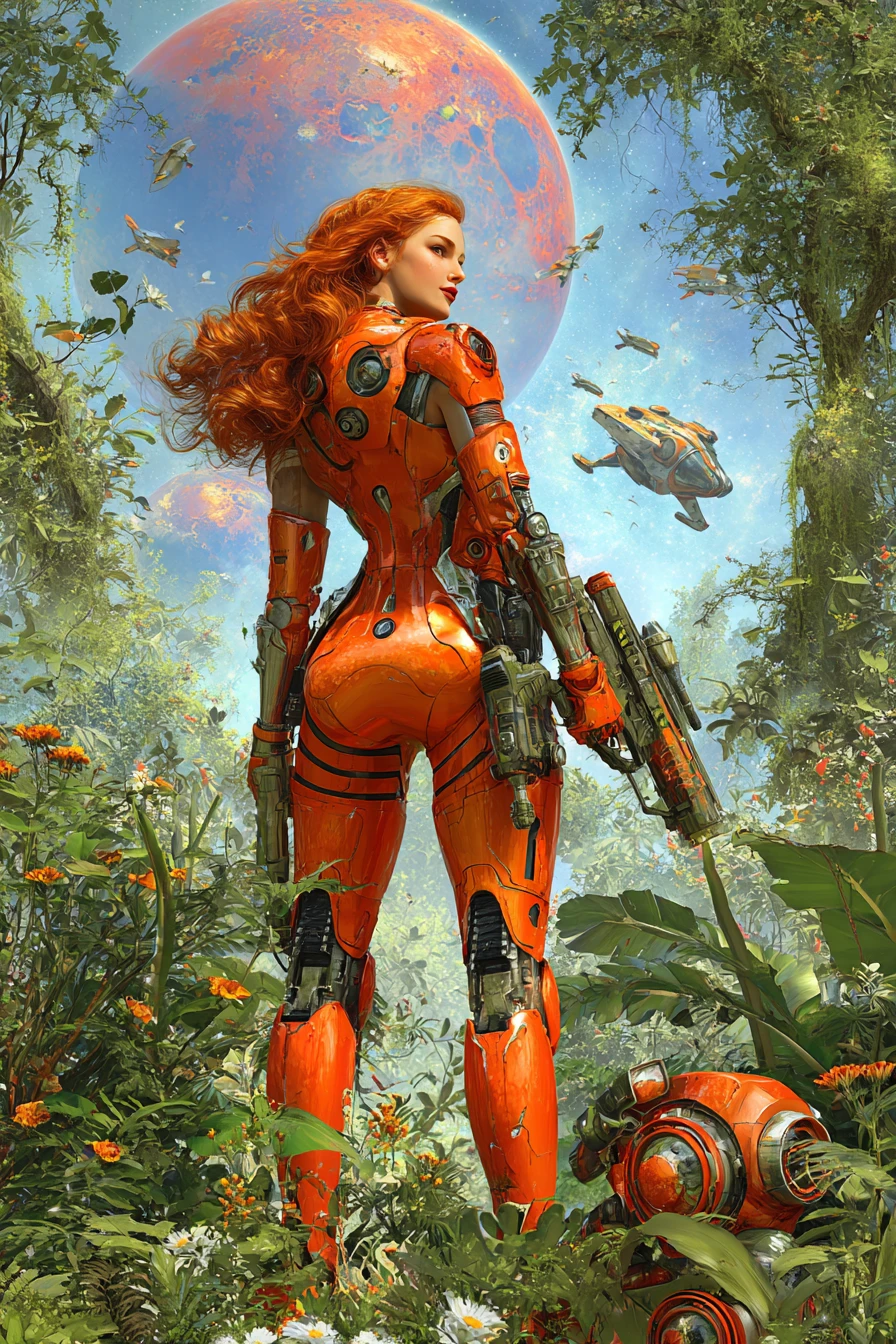 Futuristic space woman with ray gun on alien jungle world