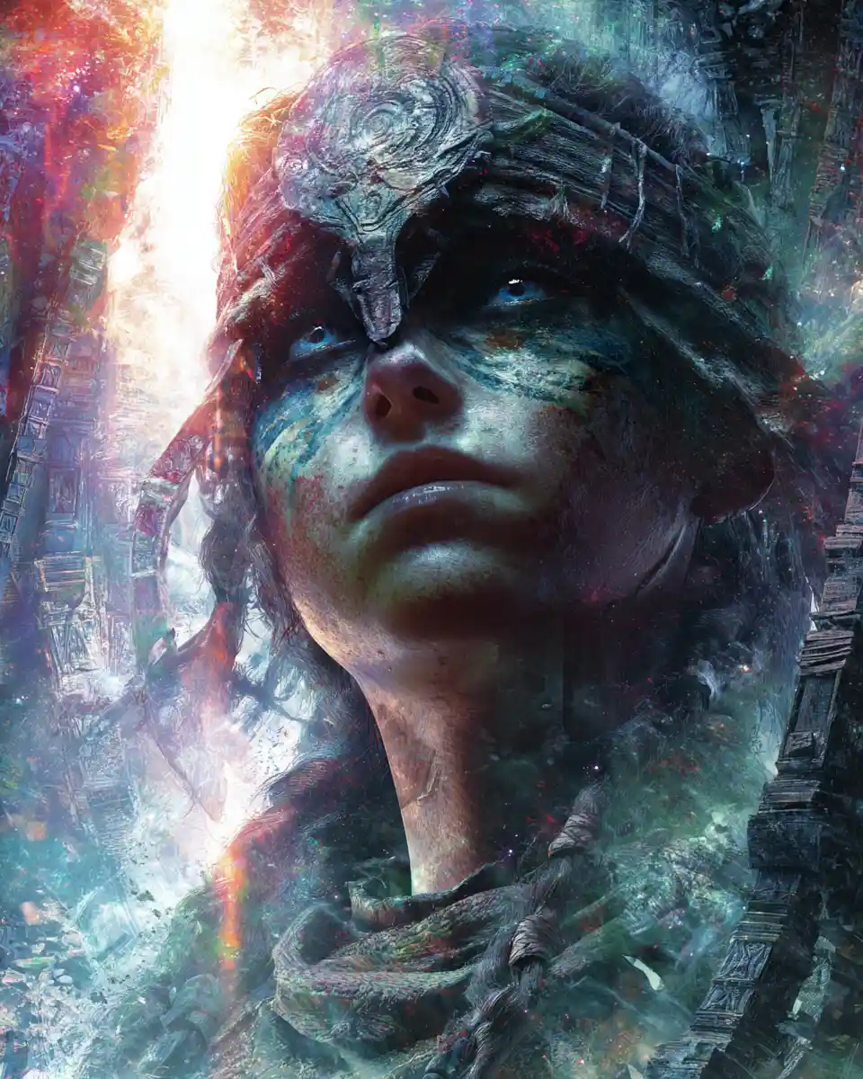 Battle scarred anime warrior maiden in cosmic fantasy ruins