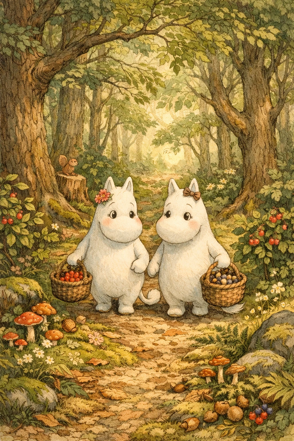 Two gentle trolls walking with baskets in a lush forest