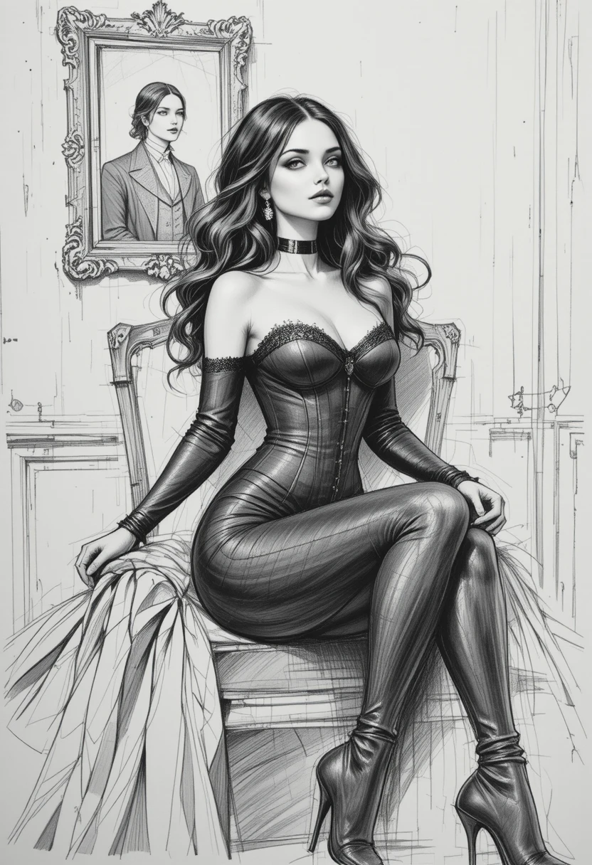 Elegant woman in corset seated in a decayed room