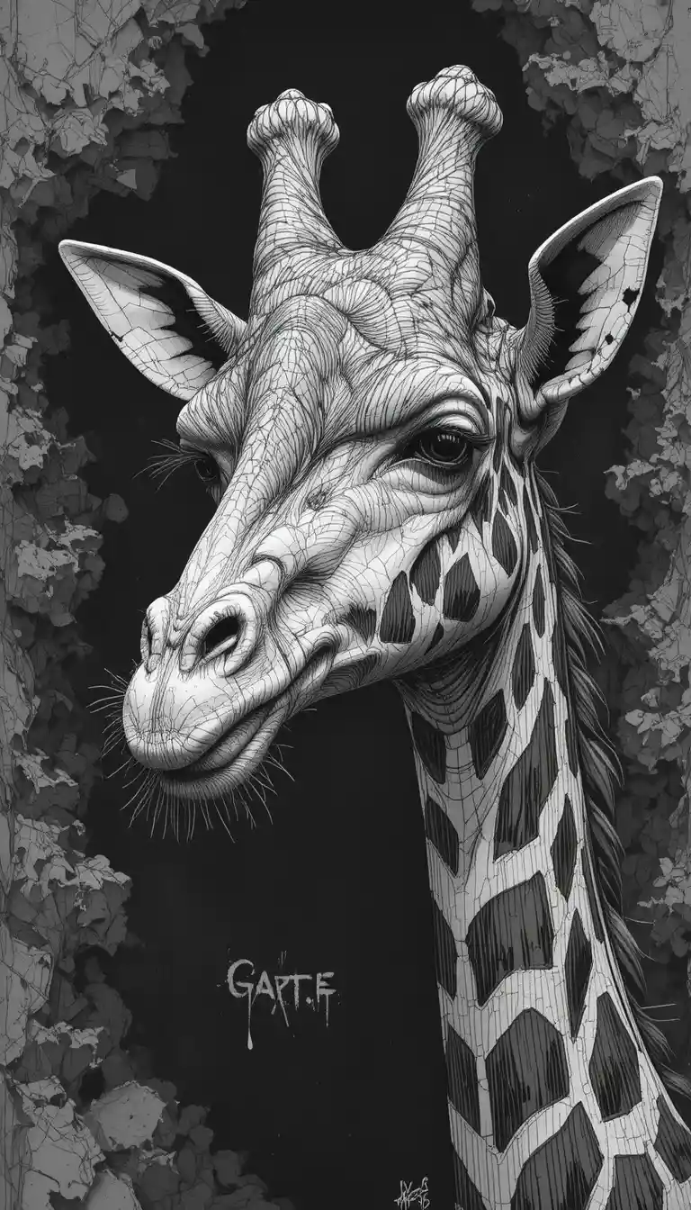 Black and white digital drawing of a detailed giraffe head