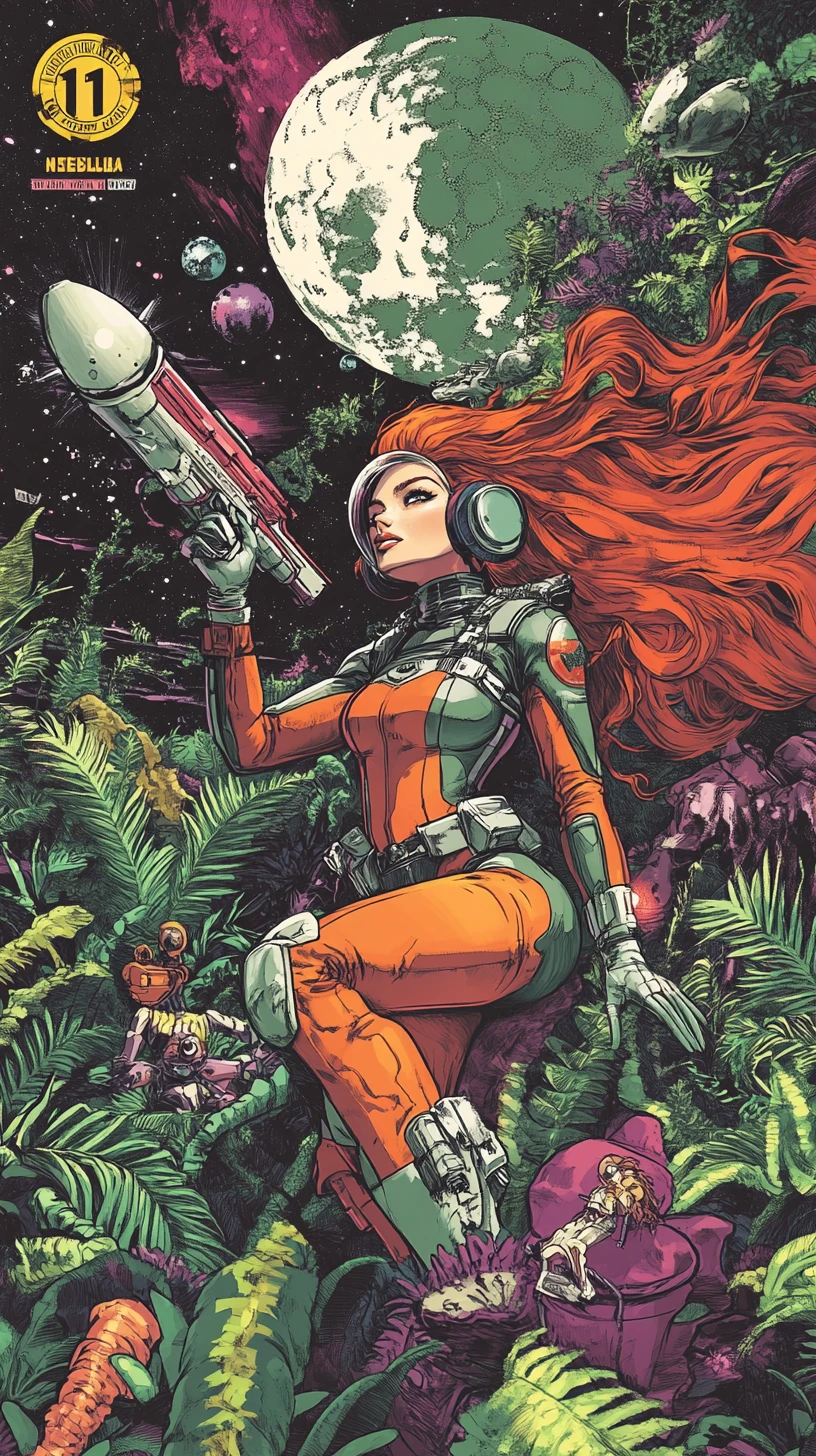 Retro space heroine with ray gun on alien jungle world