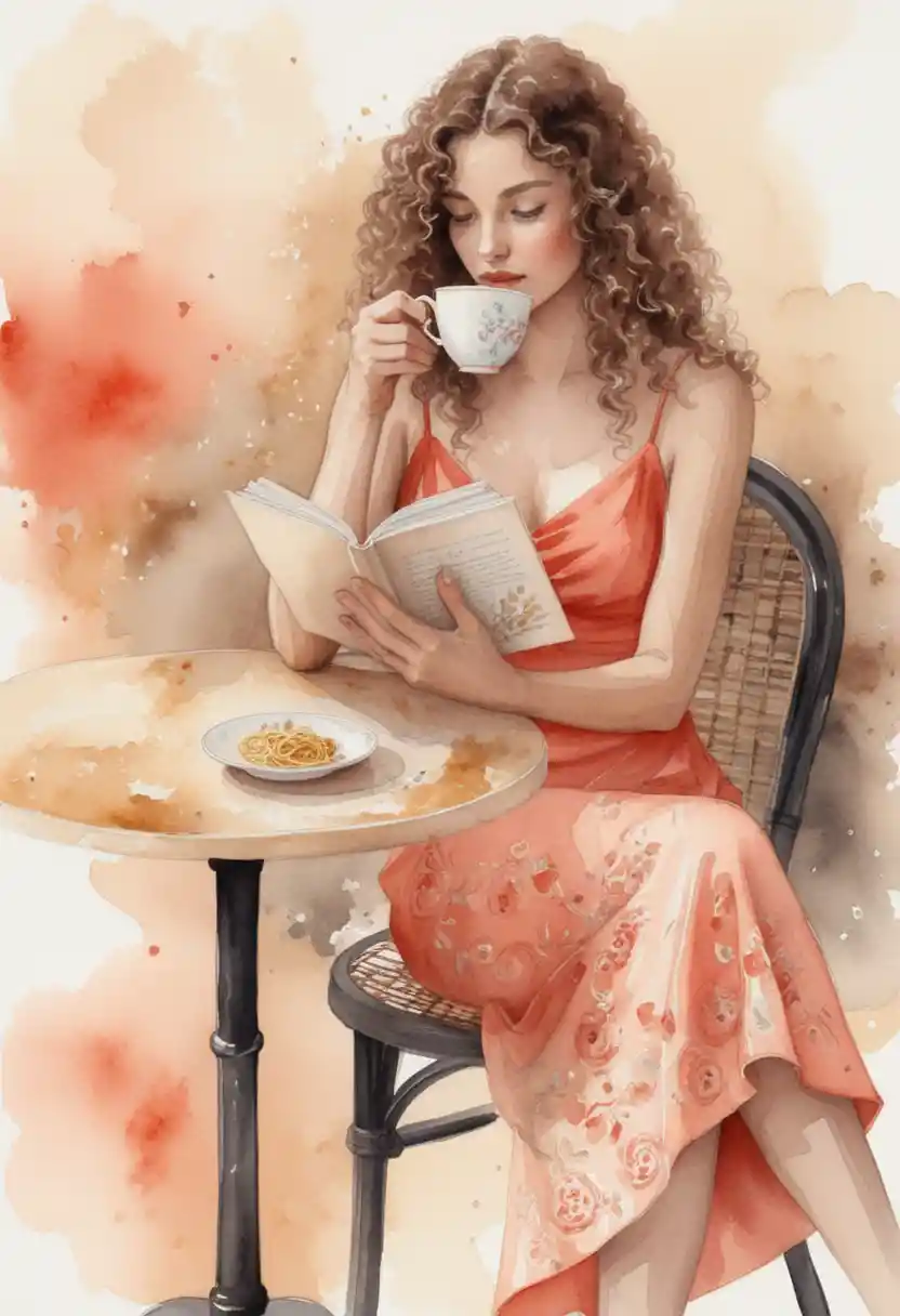 Femme élégante lisant à une petite table de café en aquarelle