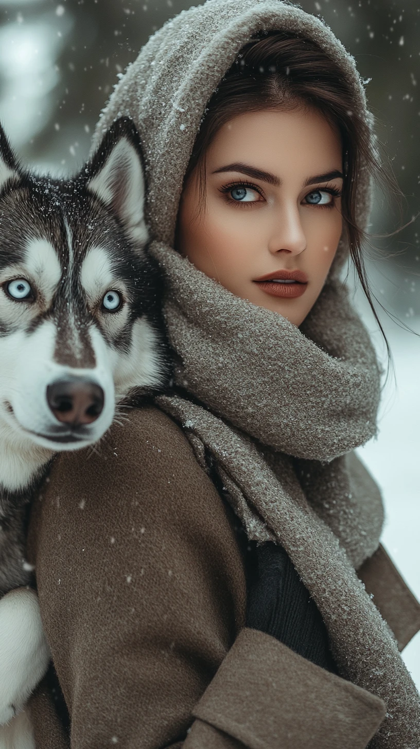 Mujer elegante paseando a su husky en una fría mañana de invierno