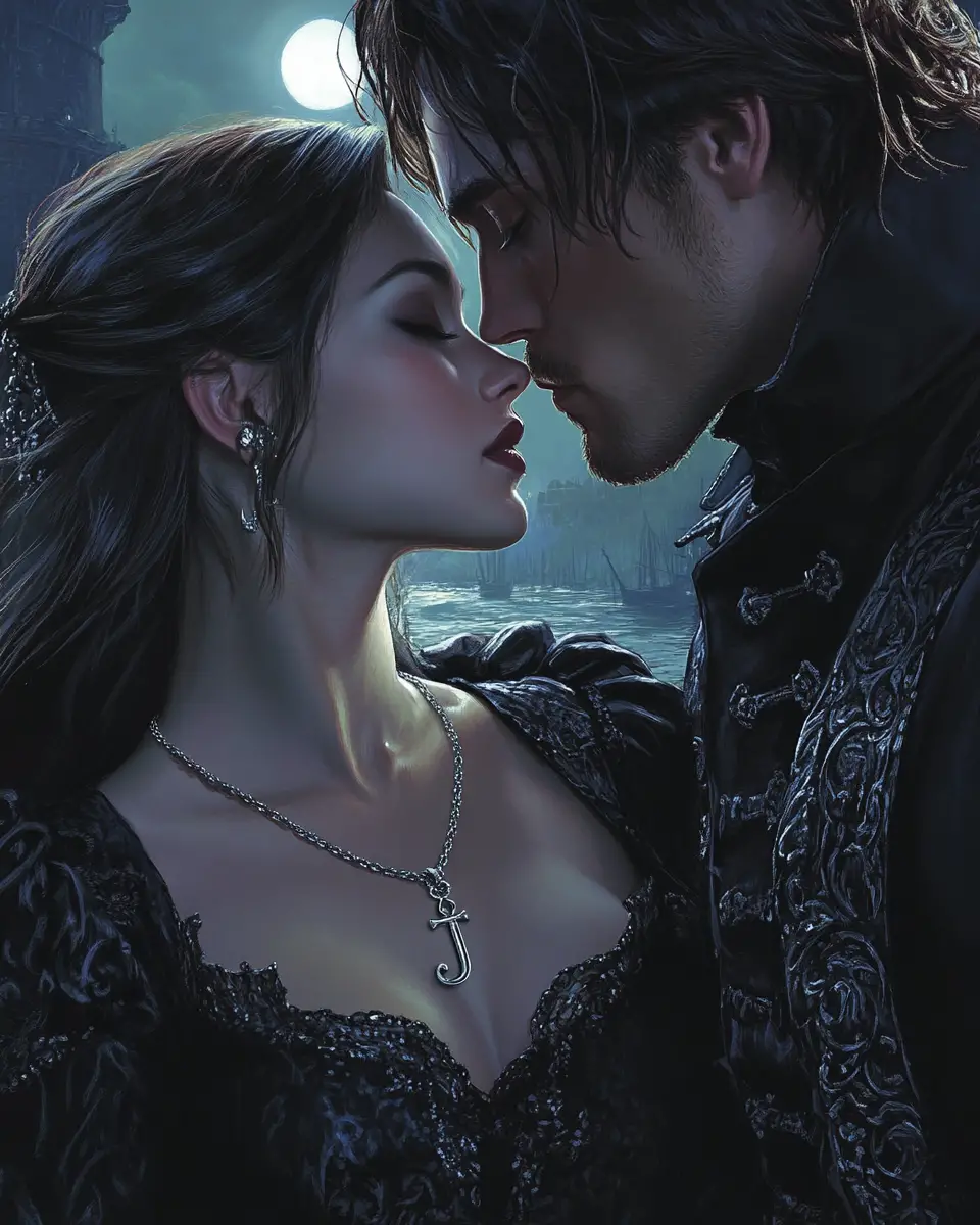 Gothic woman and pirate prince in a moonlit embrace