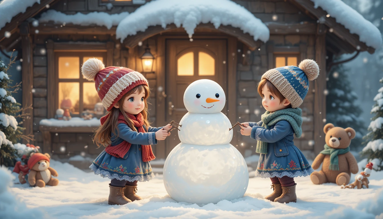 Dos niños construyendo un muñeco de nieve junto a una acogedora casa de madera