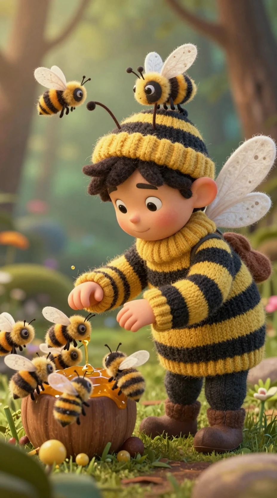 Sanfter Elf im Bienenkostüm, der Bienen beim Honigsammeln hilft
