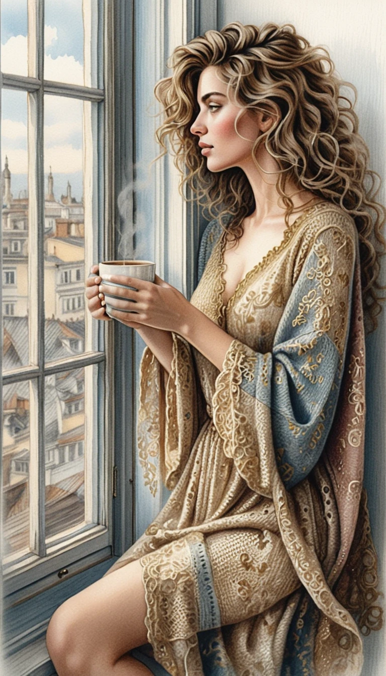 Woman on windowsill with coffee in soft morning light