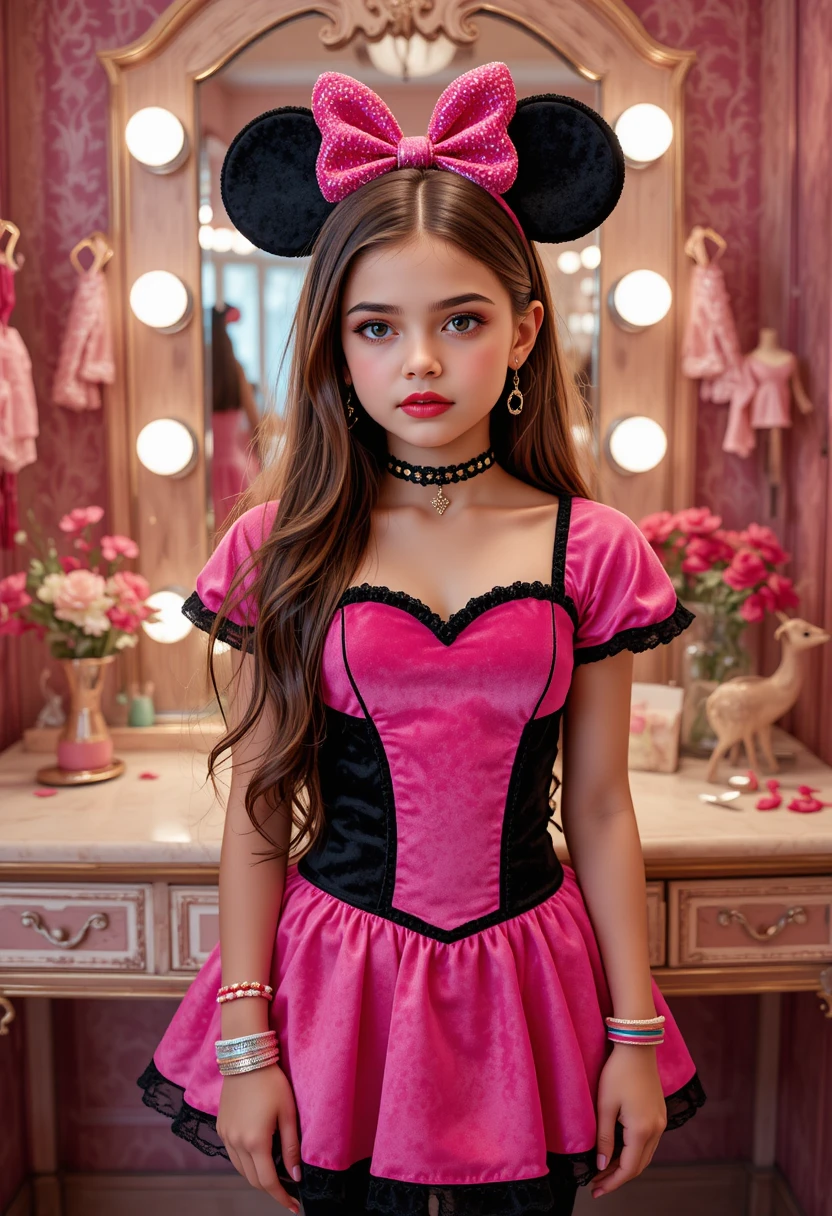 Niño preadolescente nervioso vestido de Minnie Mouse en boutique