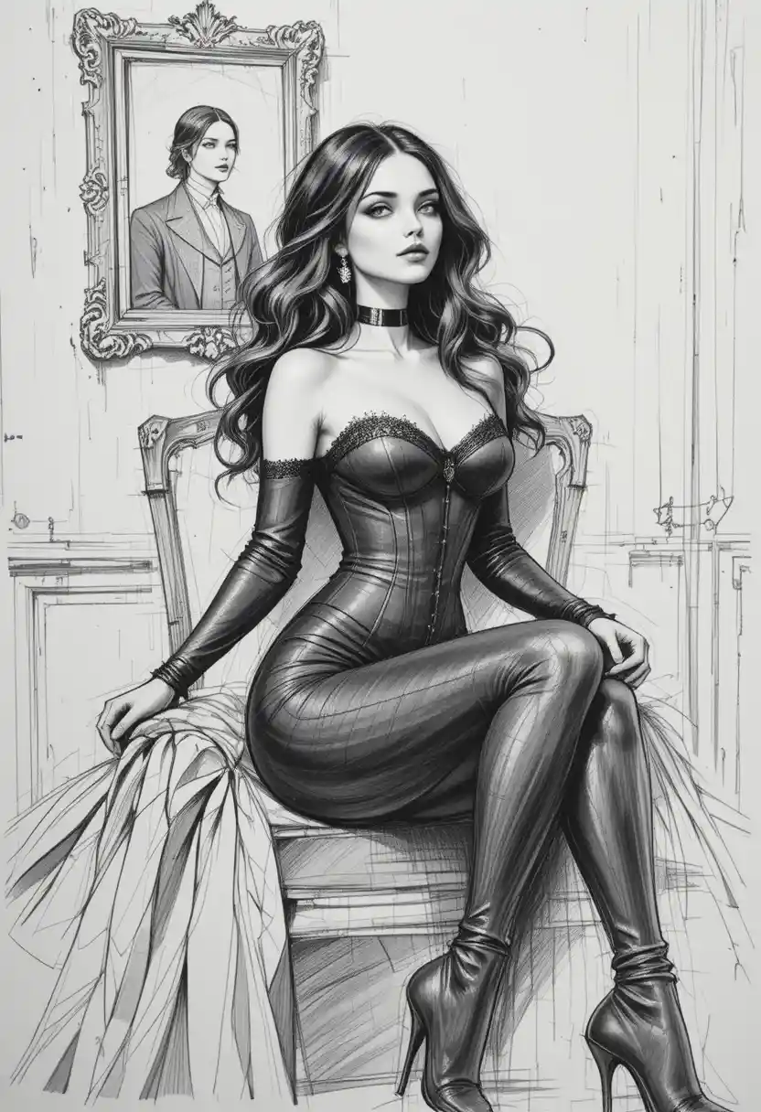 Elegant woman in corset seated in a decayed room