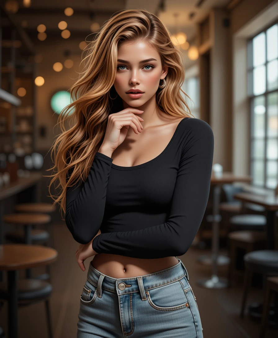 Elegante donna dai capelli rossi che posa in un bar alla moda