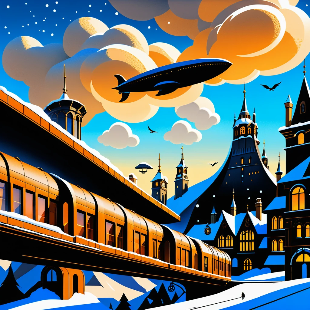 Ciudad steampunk invernal con fábrica gótica y dirigibles