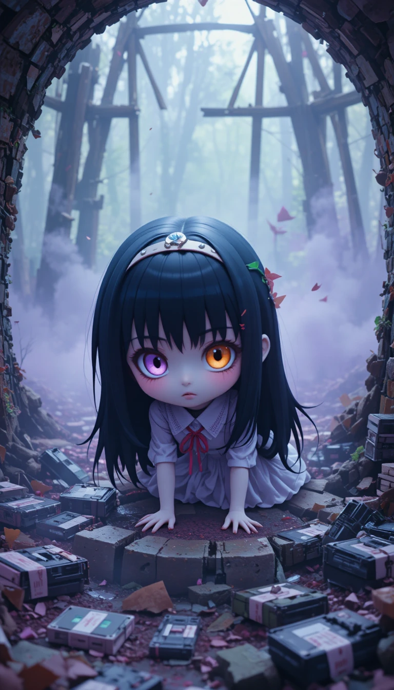 Cute chibi horror creature crawling from a broken cursed well