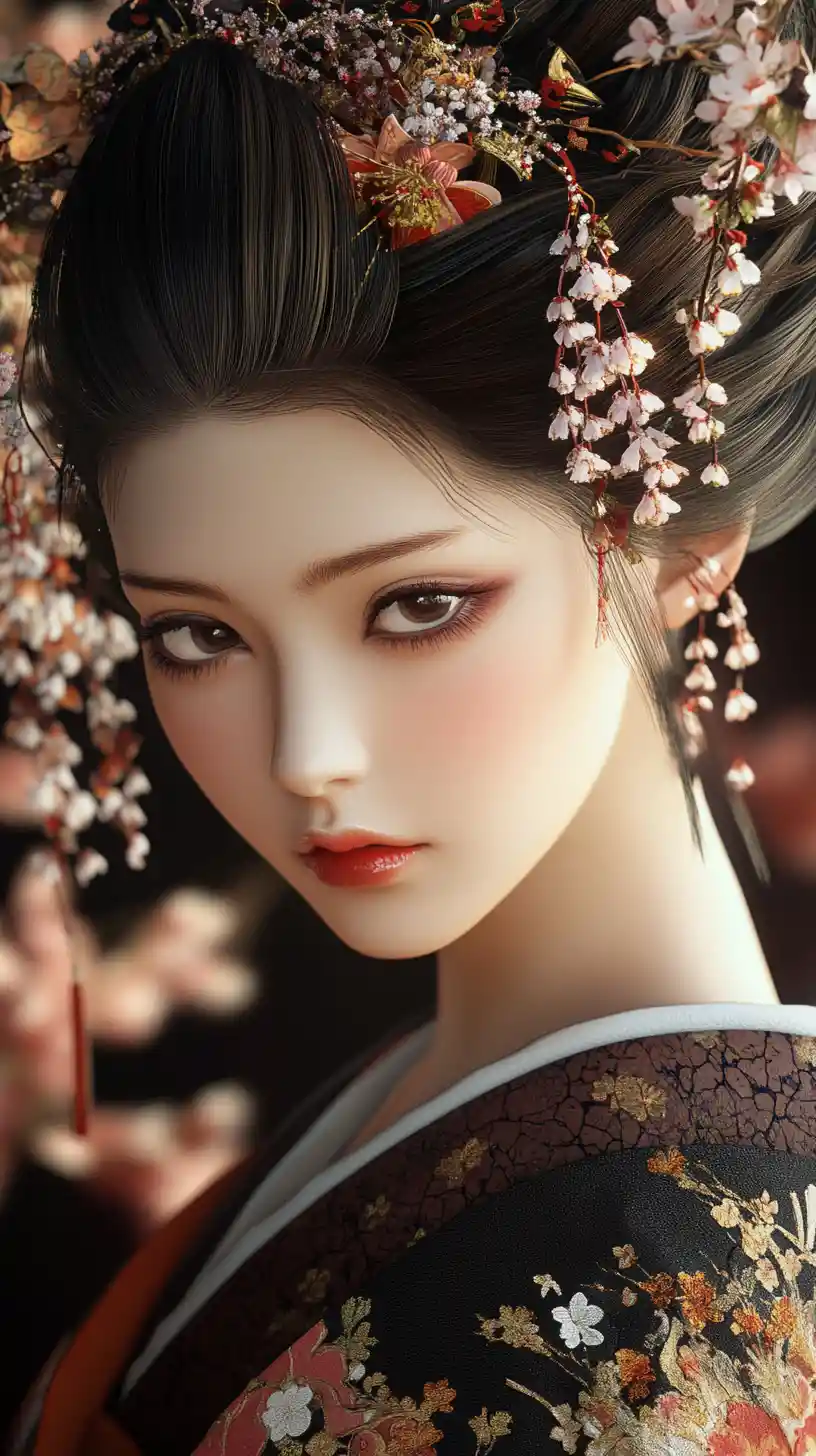 Japanese woman in ornate kimono with cherry blossoms