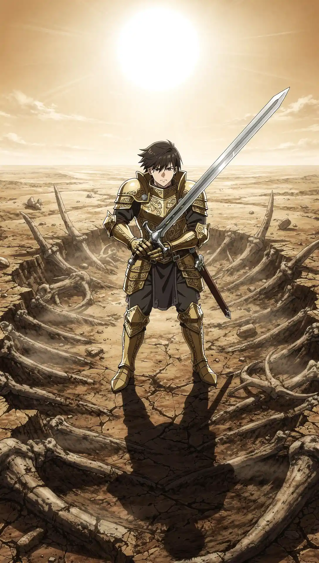 Anime knight standing in a vast desert footprint