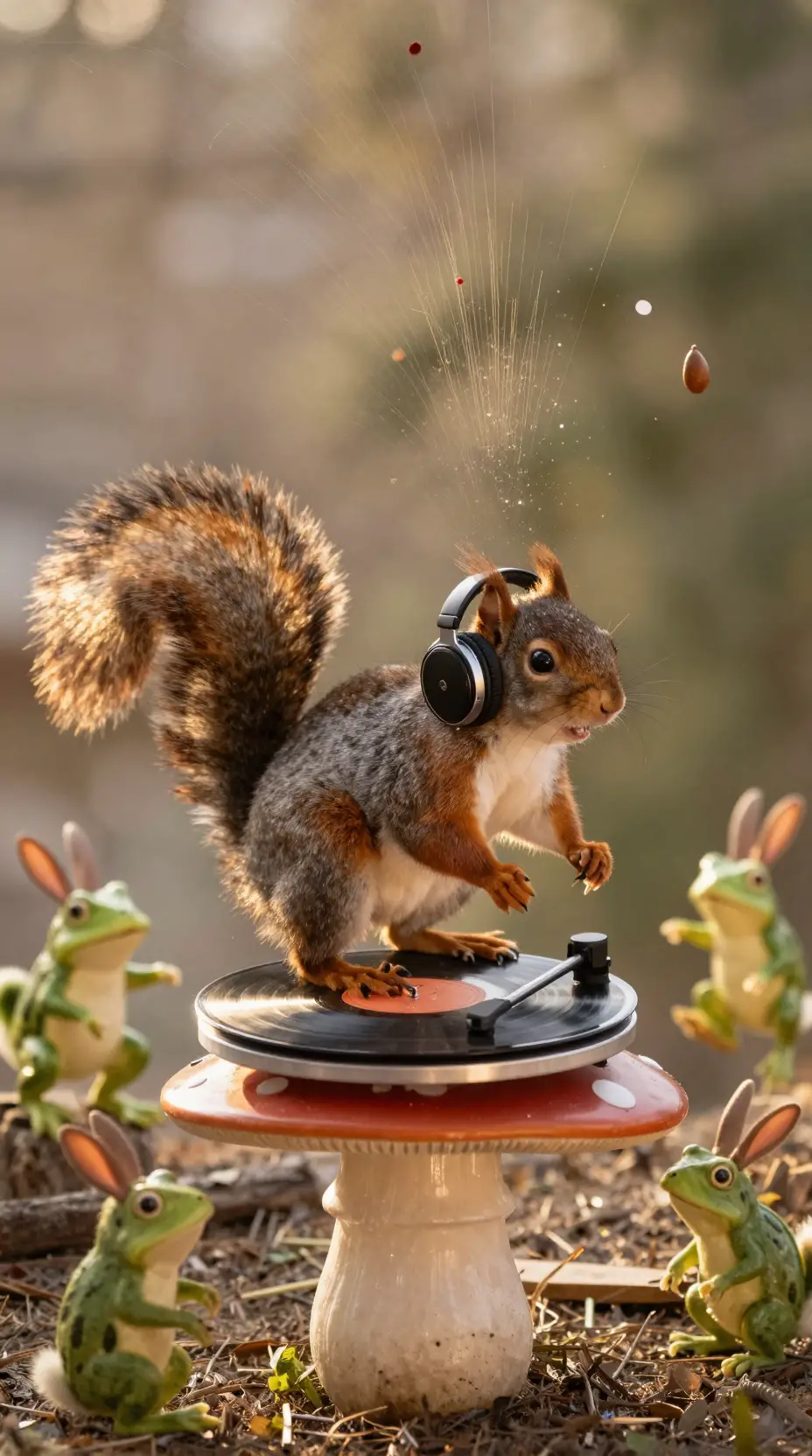 Hyperactive Squirrel DJ Spinning Records In Forest Clearing