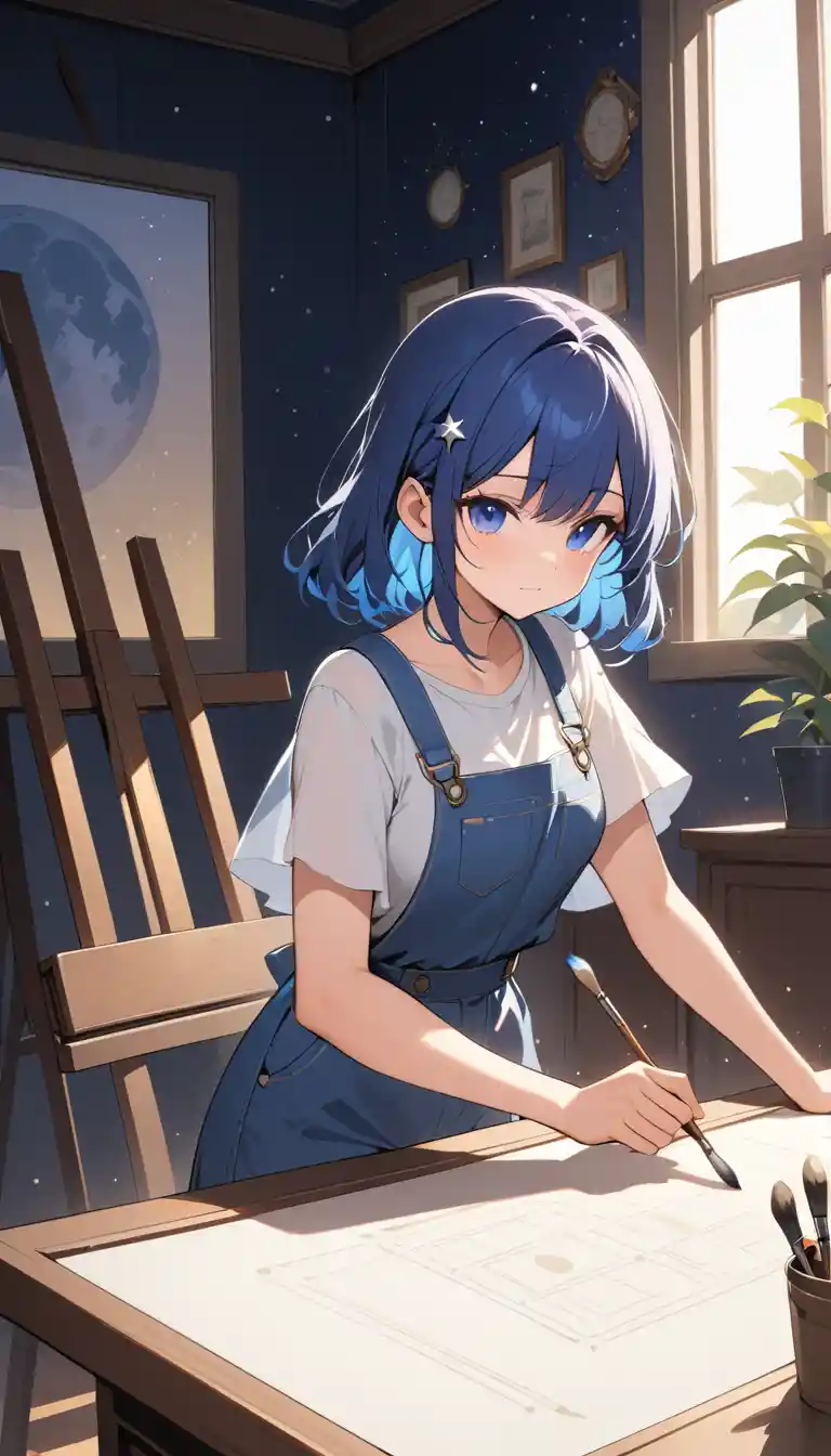 月明かりの屋根裏アトリエで絵を描くアニメ少女