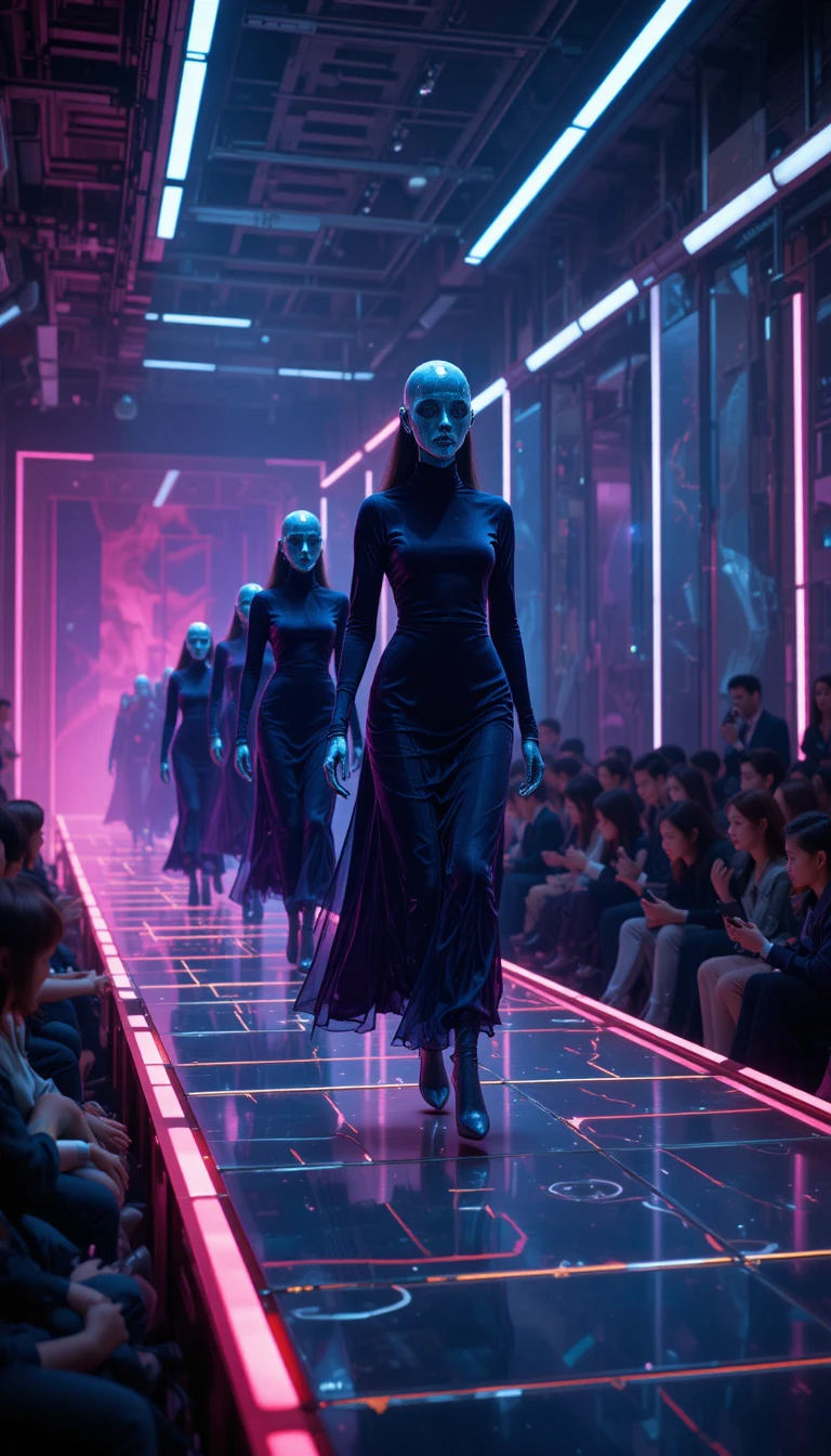 Futuristic fashion model on surreal pastel neon runway