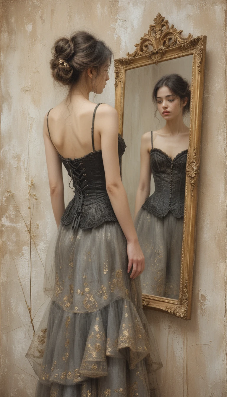 Elegant woman before ornate baroque mirror in soft oil painting